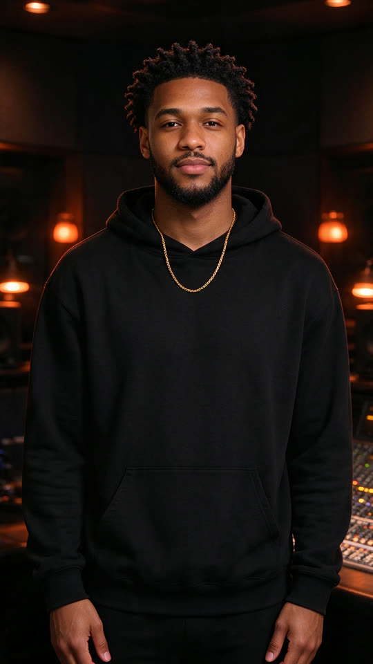 A fictional young man in a black hoodie standing in a recording studio with warm orange lights, facing the camera — the input for the video beside it