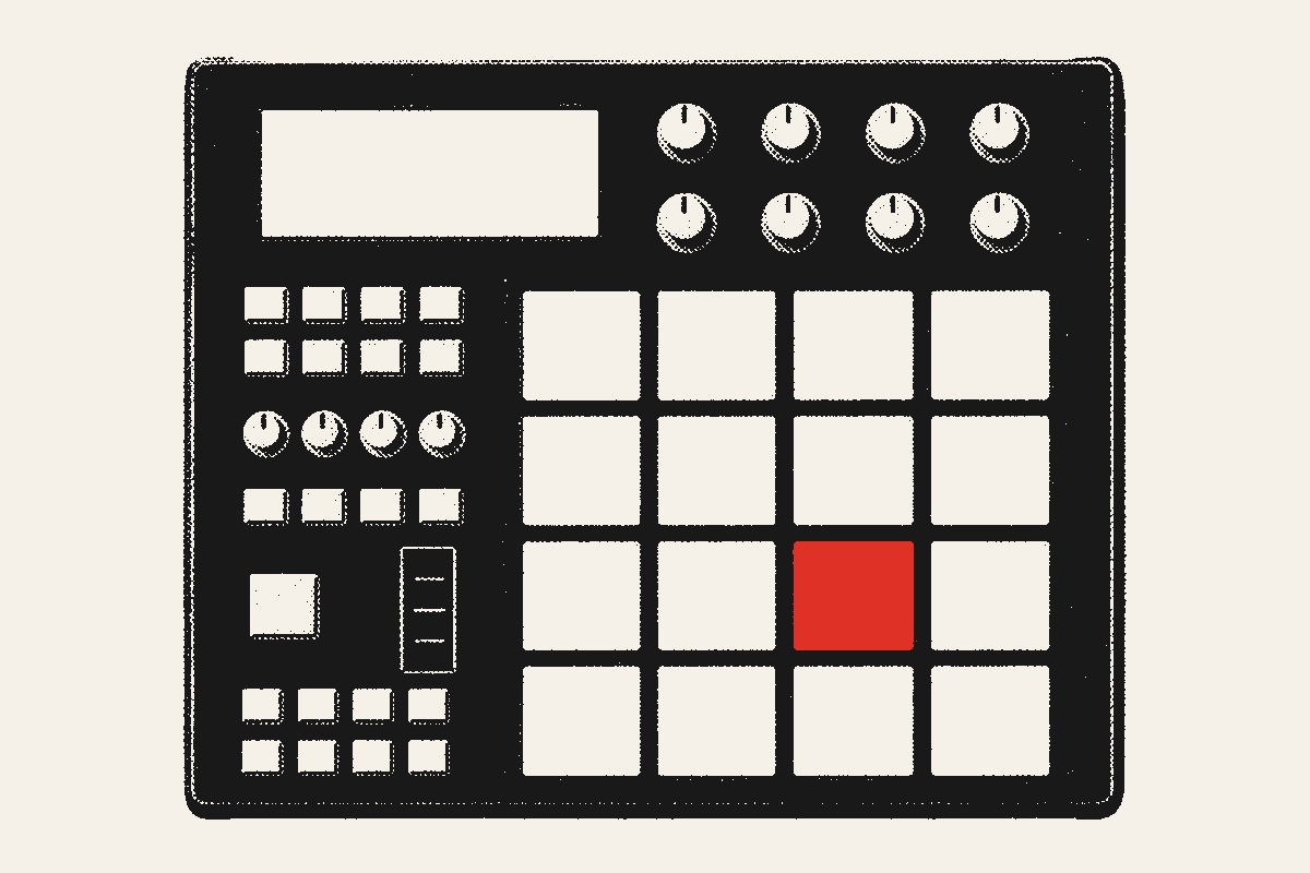 A drum machine seen from above, one pad lit red