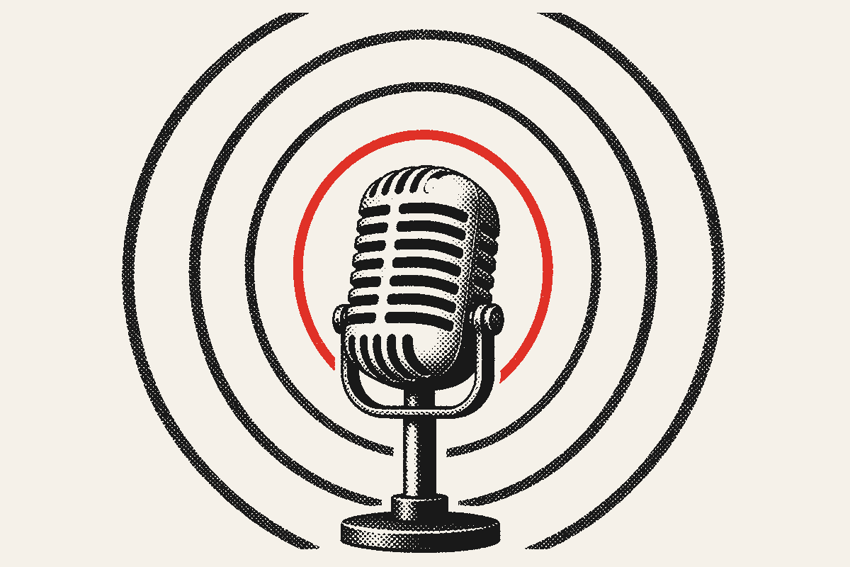 A studio microphone with sound rings radiating out from it