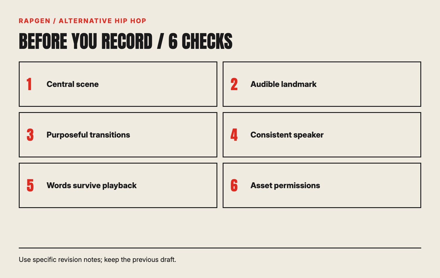 A six-point track review: scene, anchor, transitions, speaker, audible words and permissions.
