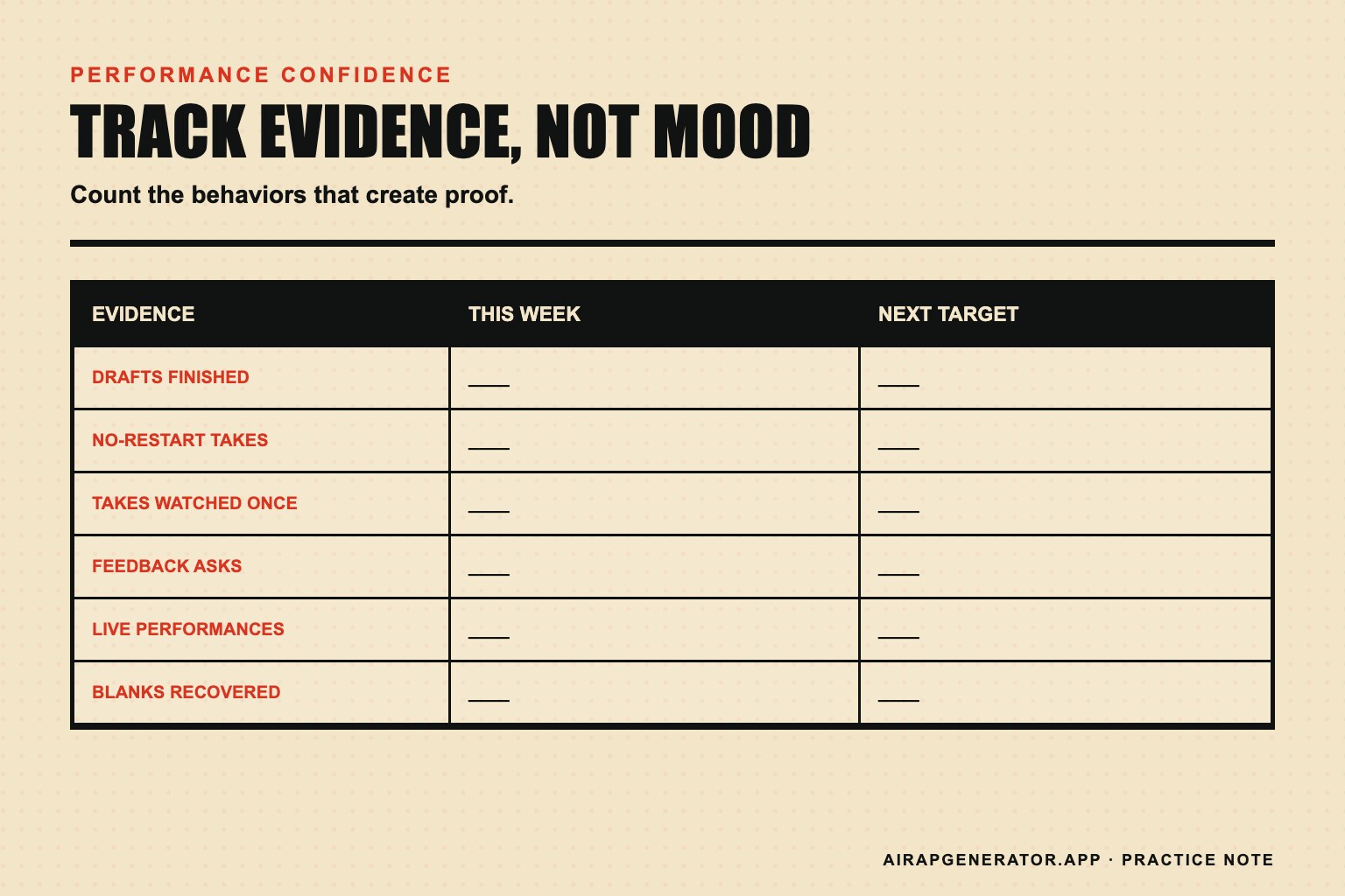 A weekly evidence scorecard tracking completed drafts, saved takes, feedback, live attempts, and recoveries