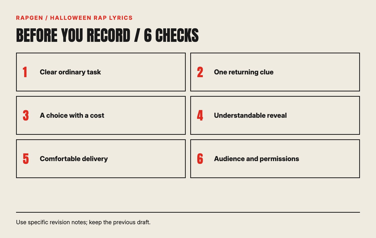 A six-point checklist for a Halloween verse: task, clue, choice, reveal, delivery and audience.