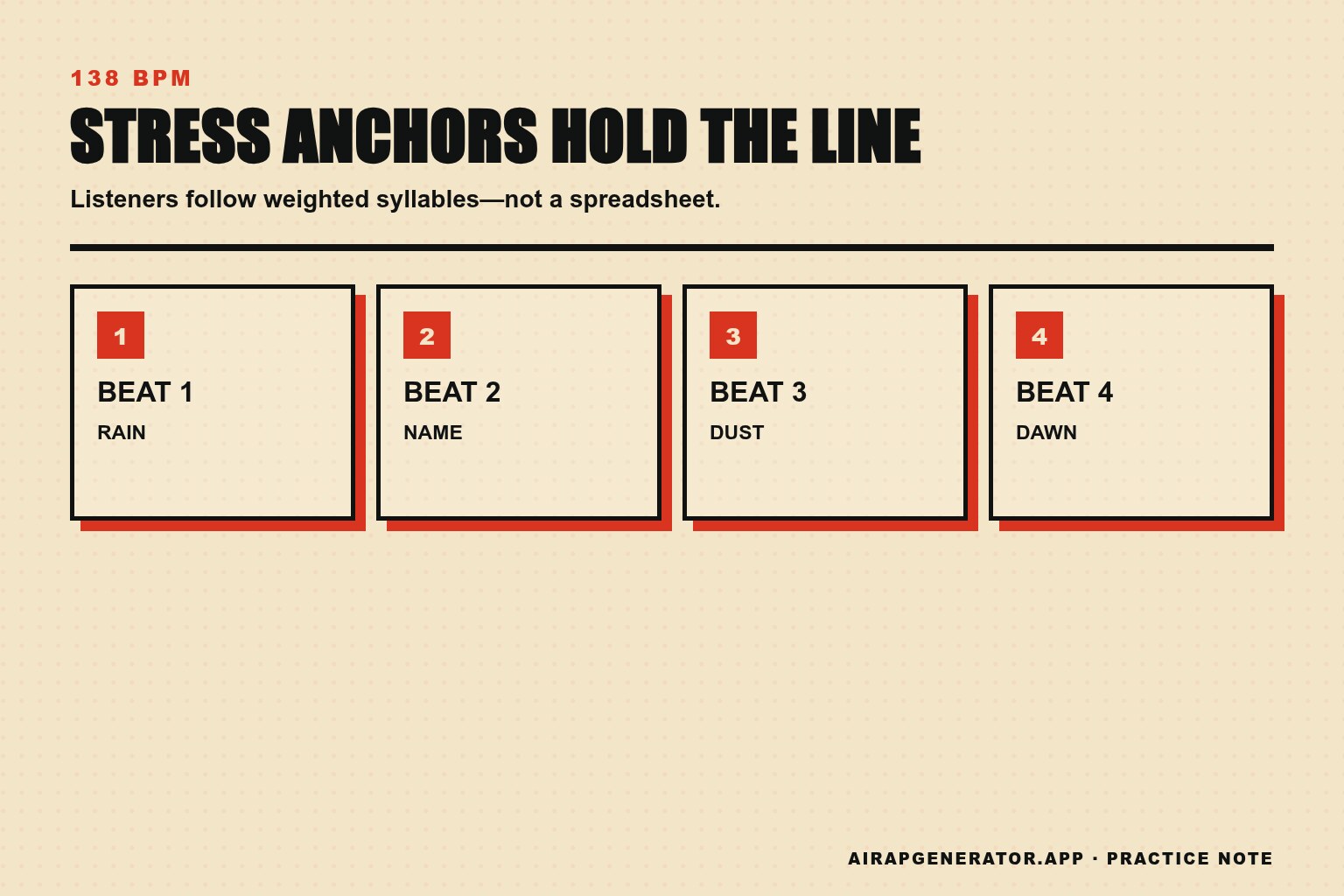 Four stress anchors holding a twelve-syllable rap line while lighter syllables move between the beats