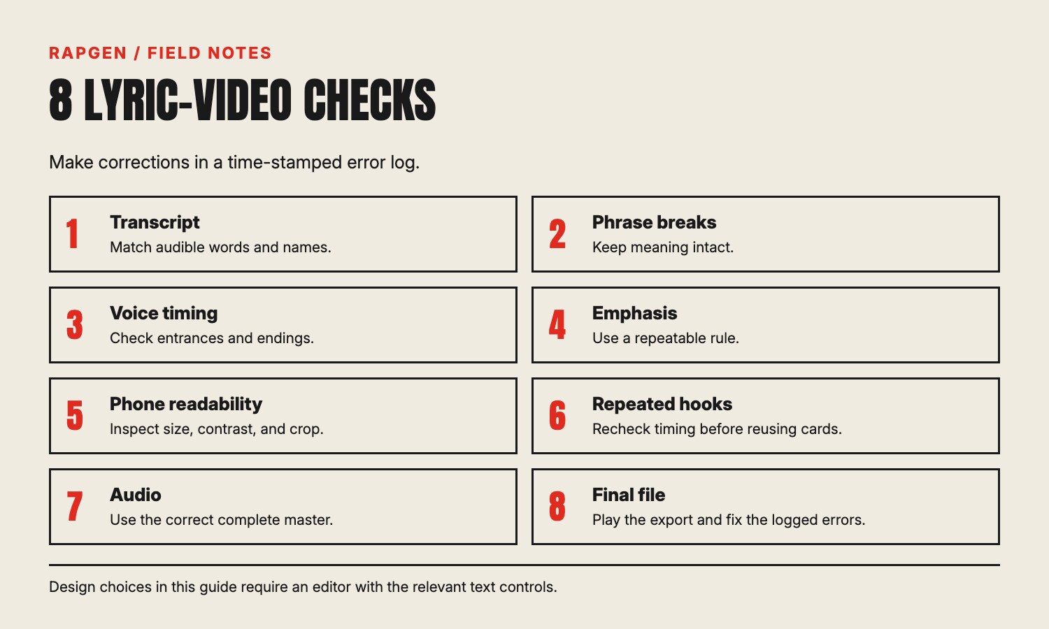 Eight review checks cover the transcript, phrase breaks, voice timing, emphasis, phone readability, repeated hooks, audio, and final-file playback.