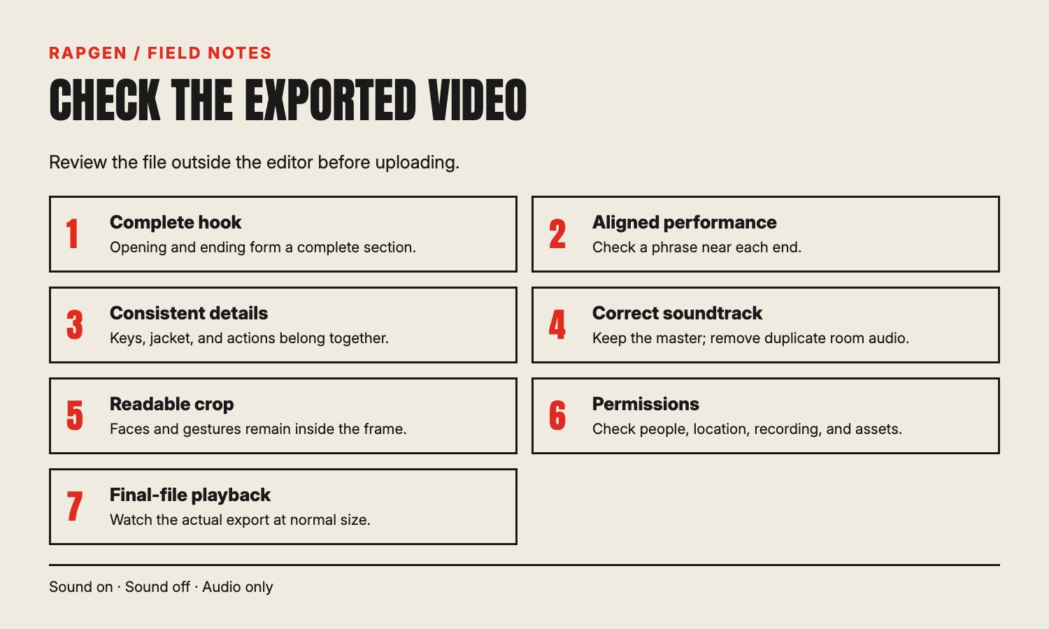 Seven export checks: complete hook, aligned performance, consistent details, correct master audio, readable crop, permissions, and final-file playback.