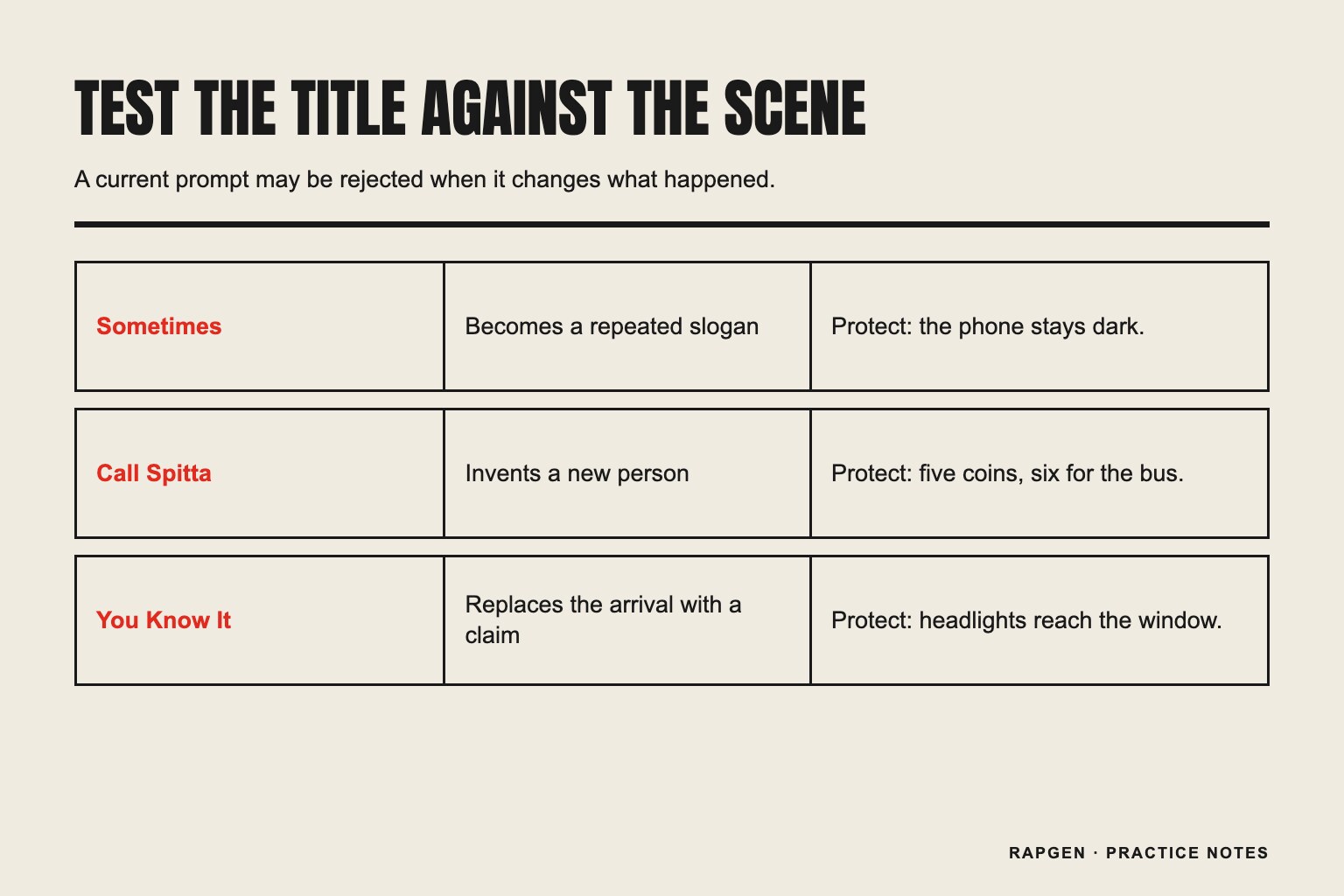 A title-board grid comparing Sometimes, Call Spitta, and You Know It against three scene details that must survive