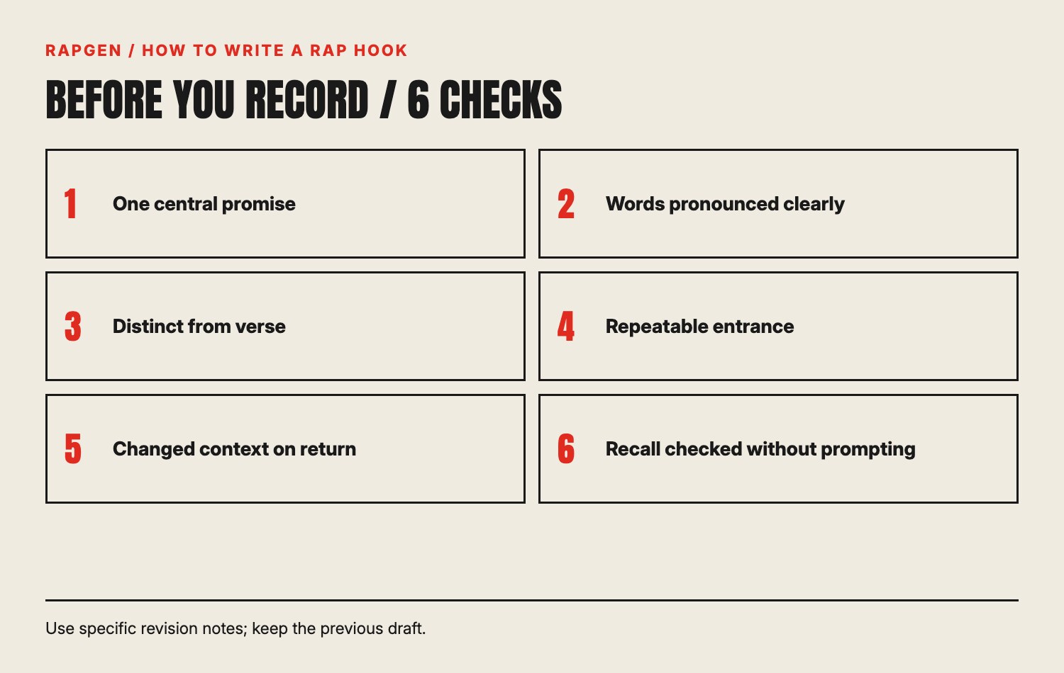A six-point hook review: promise, diction, contrast, entrance, changing context and unprompted recall.