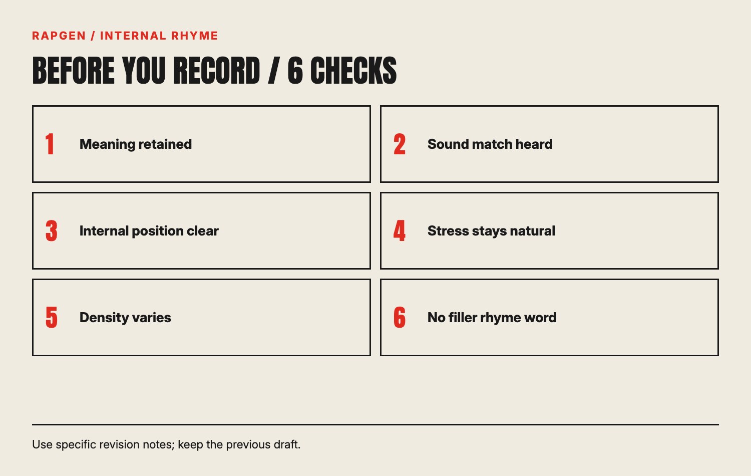 A six-point rhyme review: meaning, audible match, internal position, natural stress, varied density and no filler.