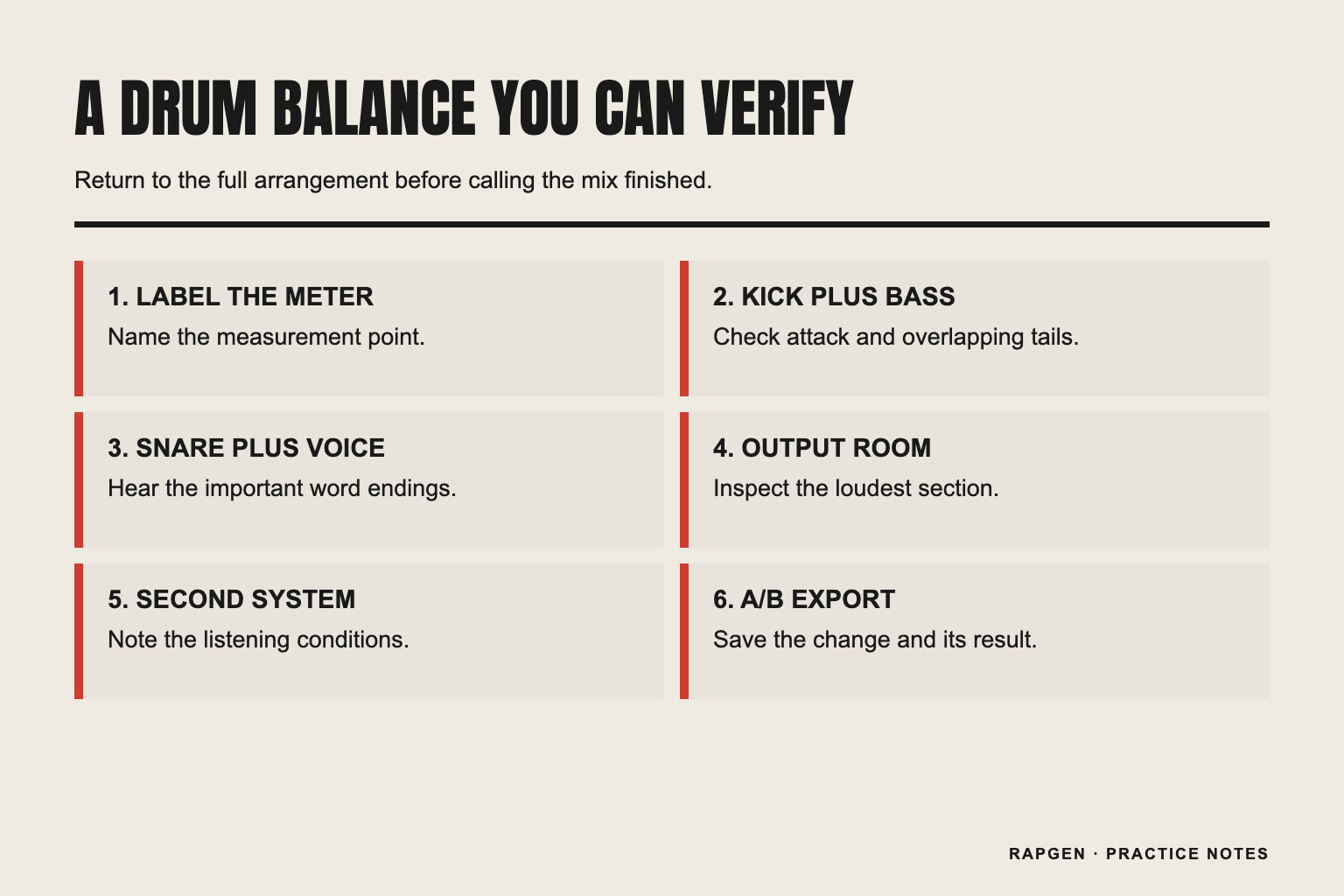 A six-item checklist for drum balance, vocal context, output room, and version comparison