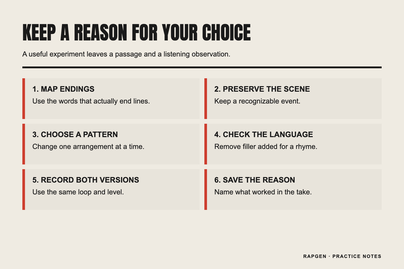 Six checks for a collaboration experiment: map endings, assign voices, preserve the scene, design the callback, record both handoffs, and save the reason for the choice.