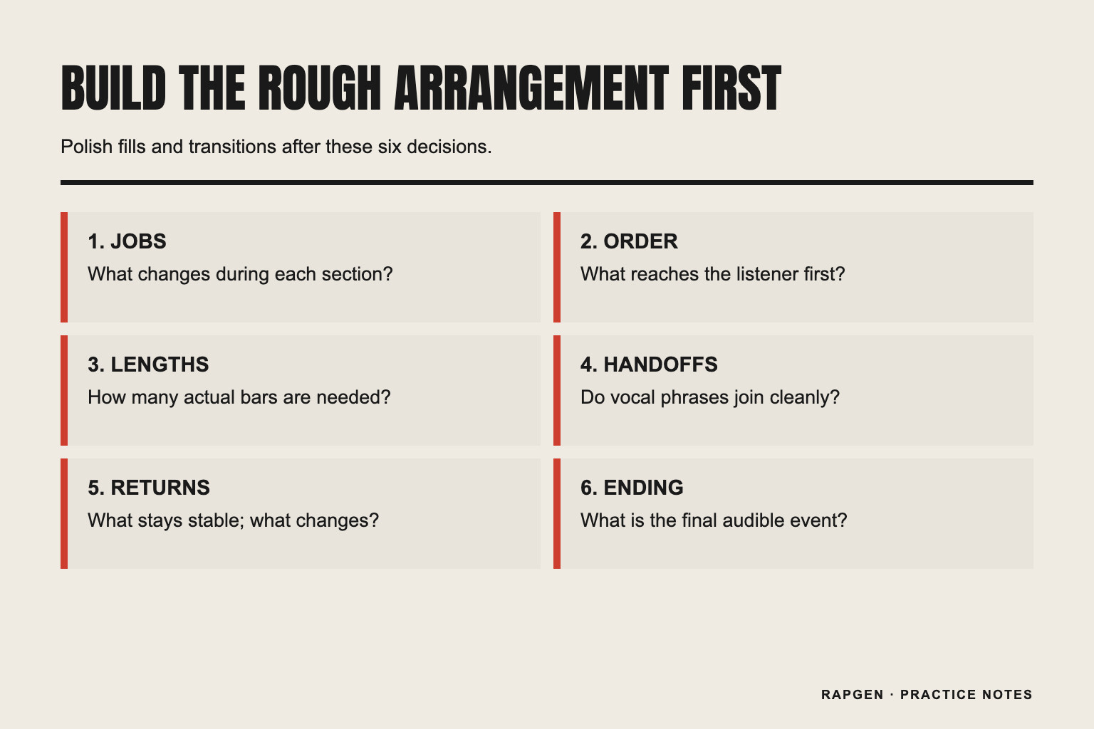 A six-step checklist for moving from section jobs to a complete rough arrangement