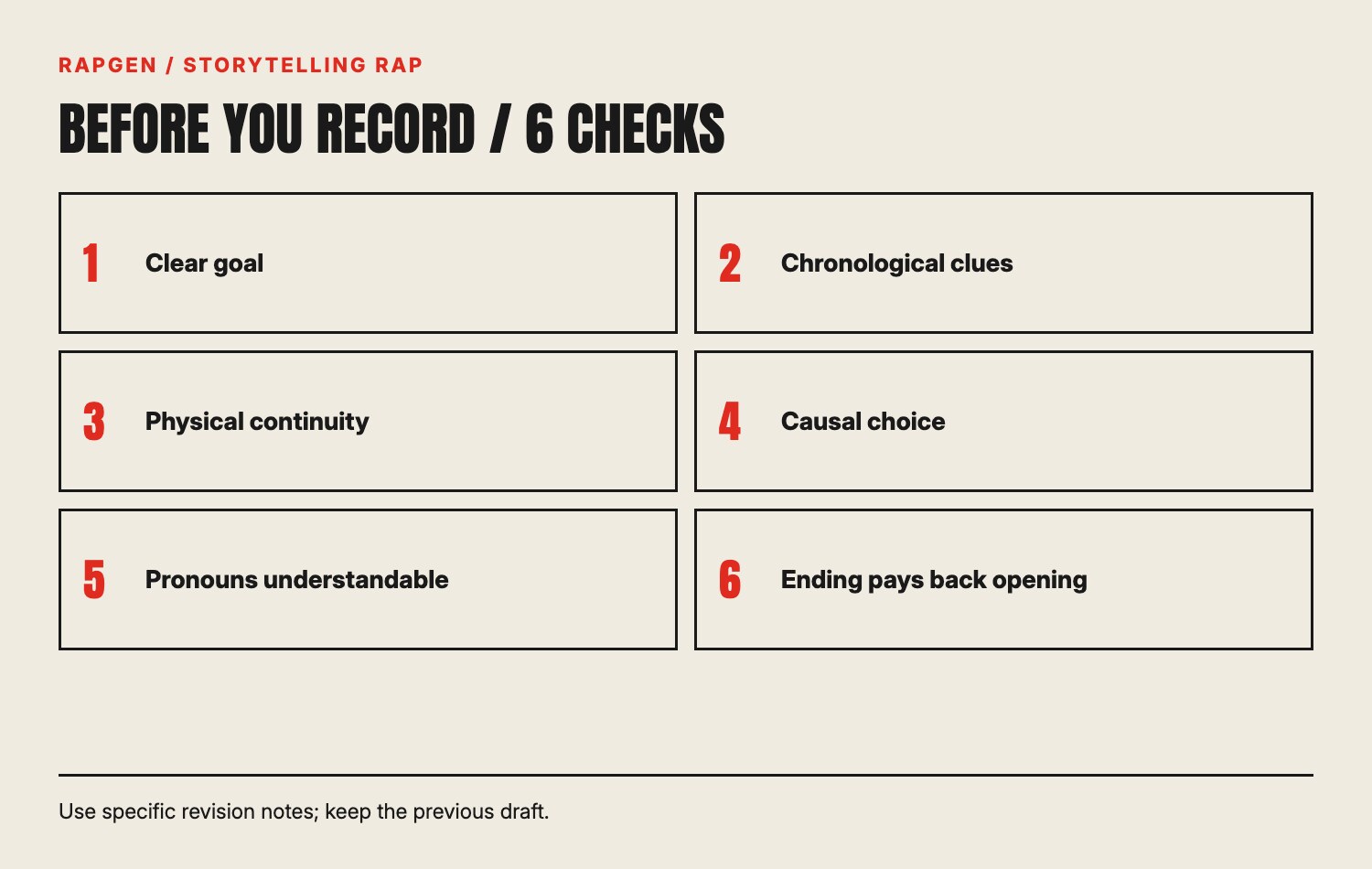A six-point story review: goal, clues, continuity, causal choice, clear pronouns and connected ending.