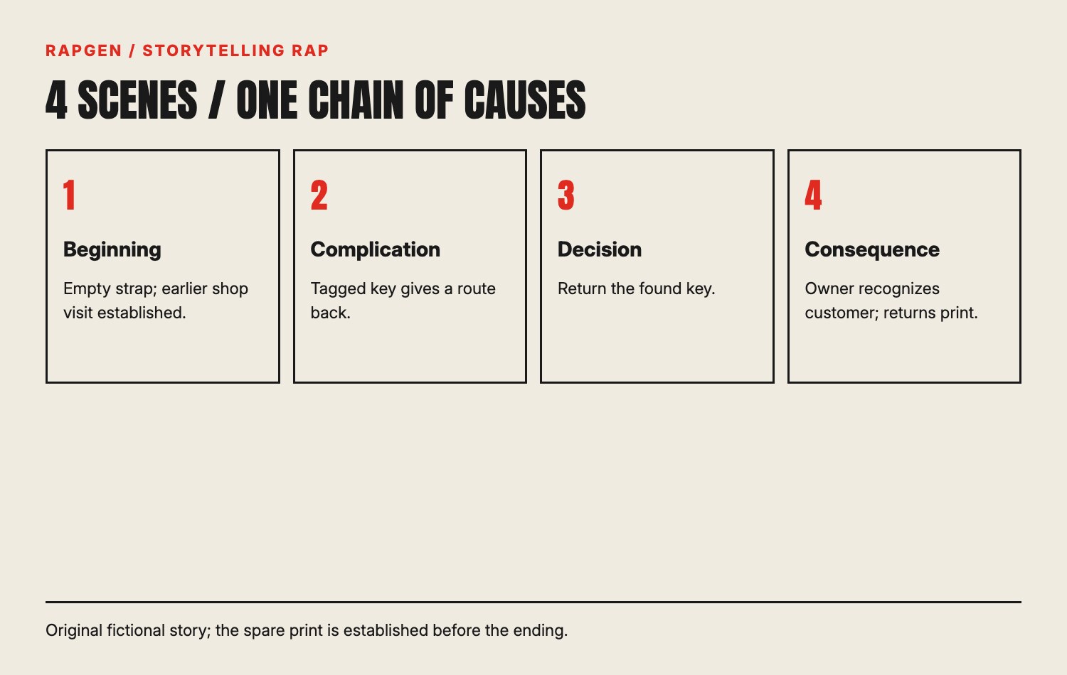 A four-scene grid tracking the camera strap, key and photograph through one causal story.