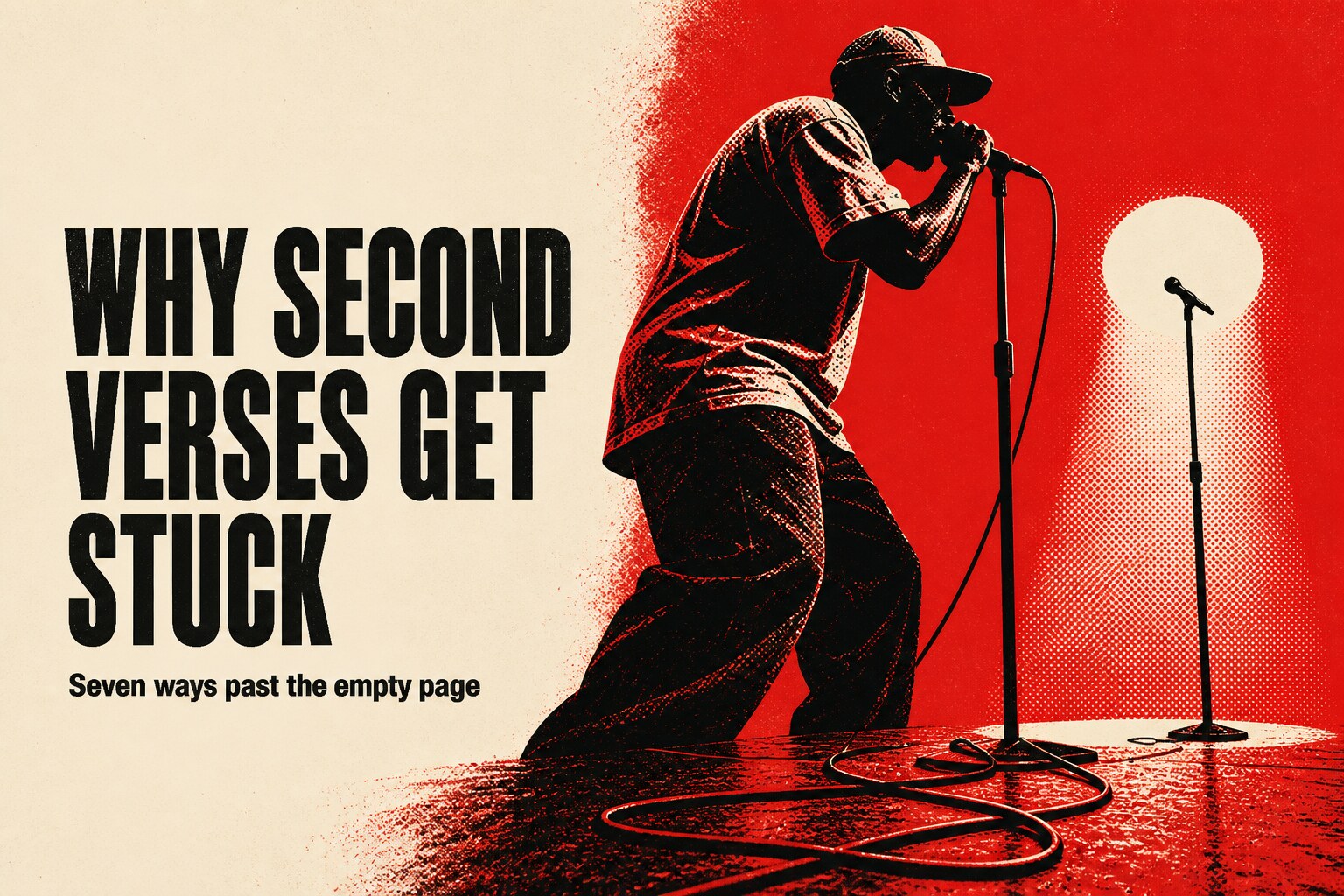 A rapper performs beside an empty second microphone, representing the unwritten second verse