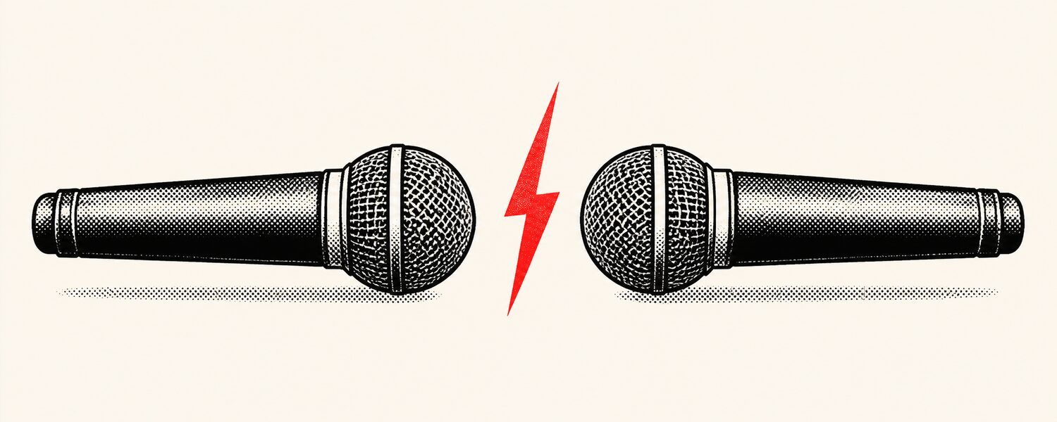 Two microphones pointed at each other with a lightning crack between them