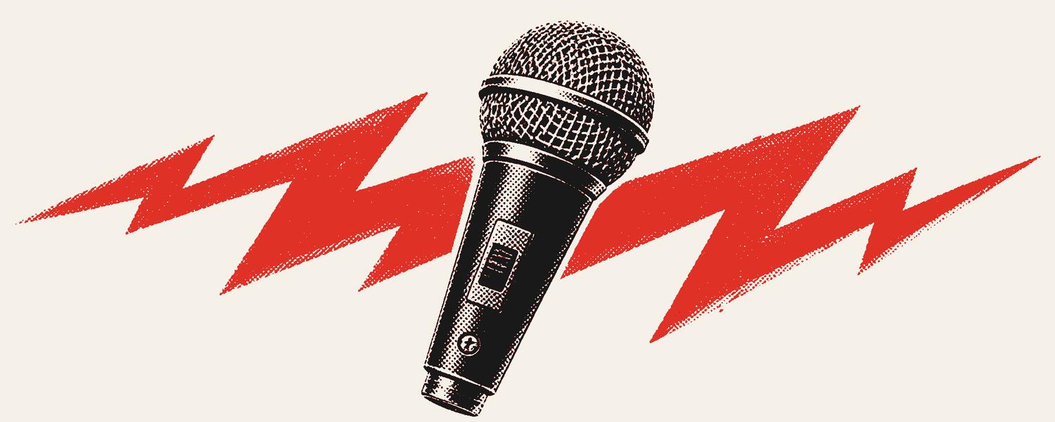 A microphone with a red lightning bolt cracking behind it