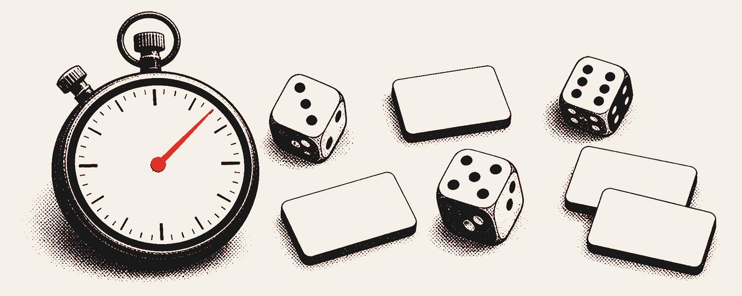 A stopwatch with a red hand beside scattered dice and blank tiles