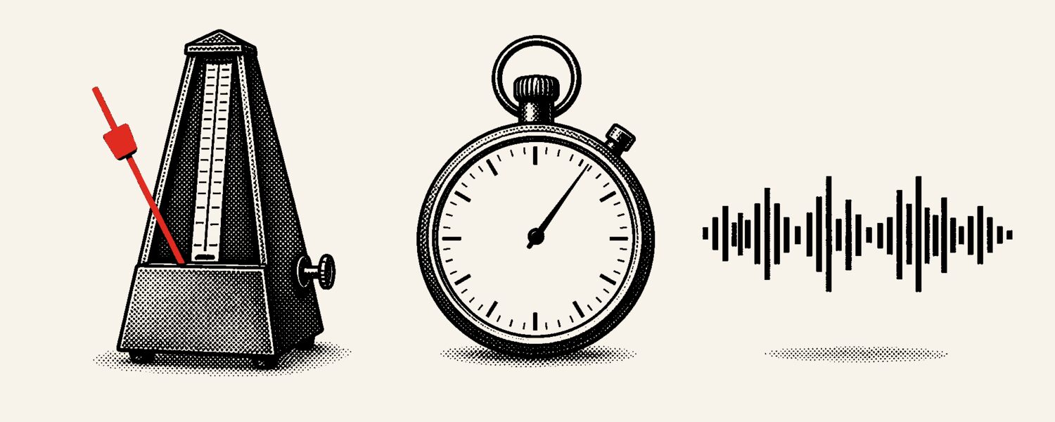 A wind-up metronome, a stopwatch and a strip of audio waveform
