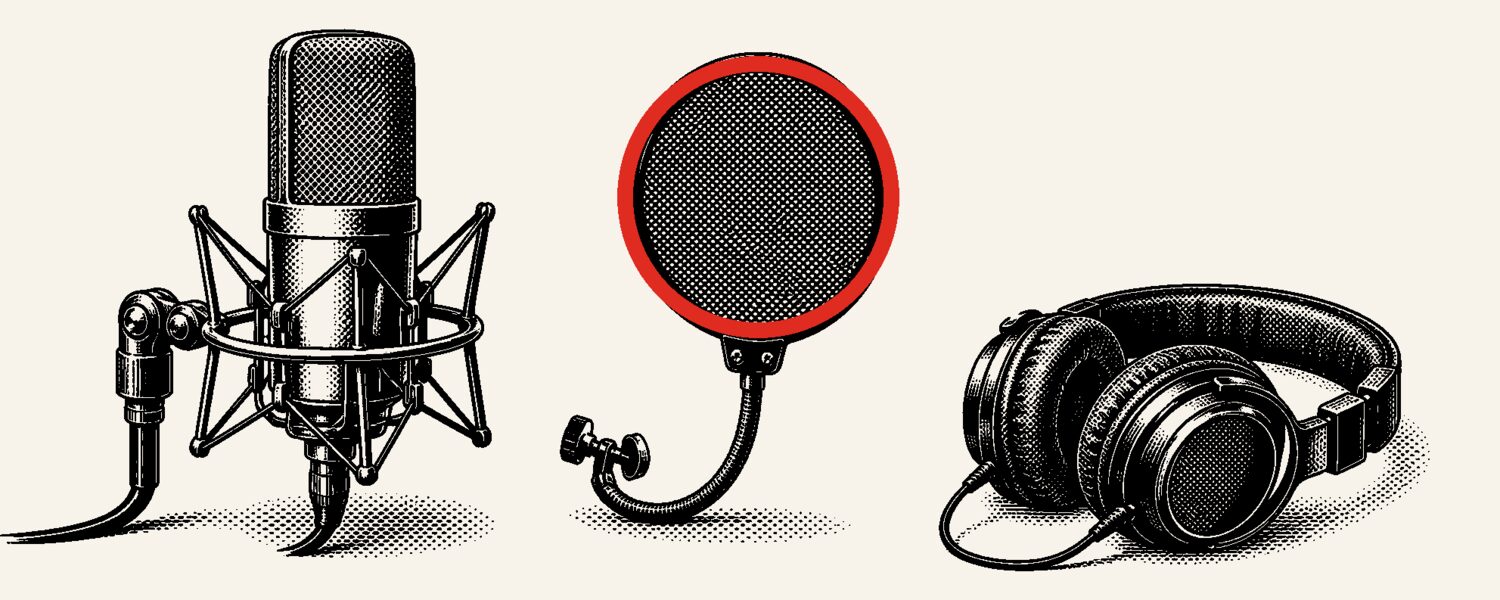 A studio microphone on a shock mount, a pop filter and a pair of headphones