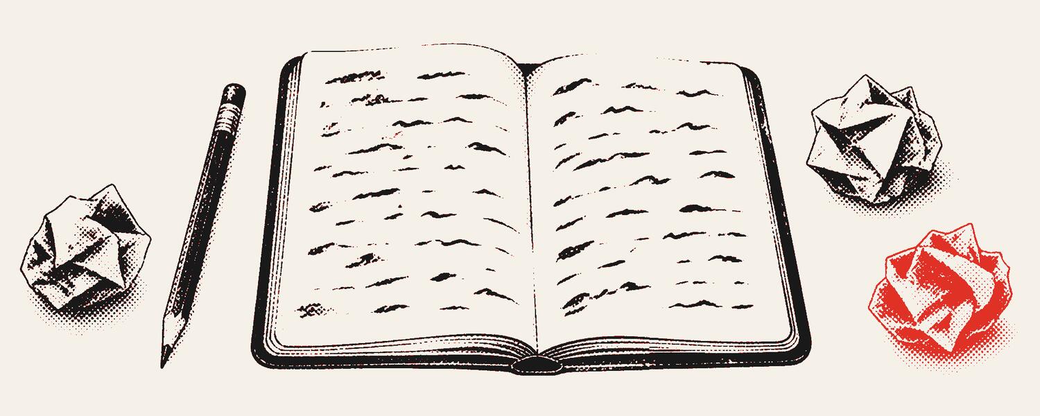 An open notebook covered in handwriting, a pencil and crumpled paper