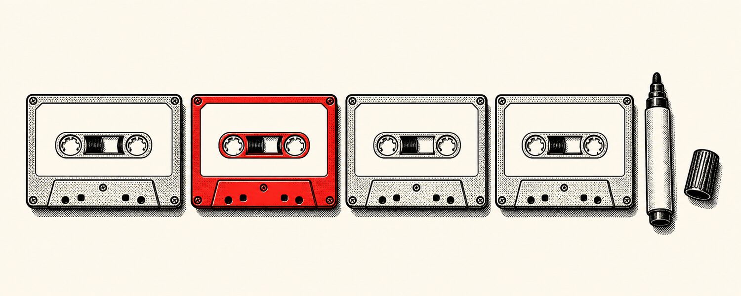 A row of blank cassette tapes and a marker pen