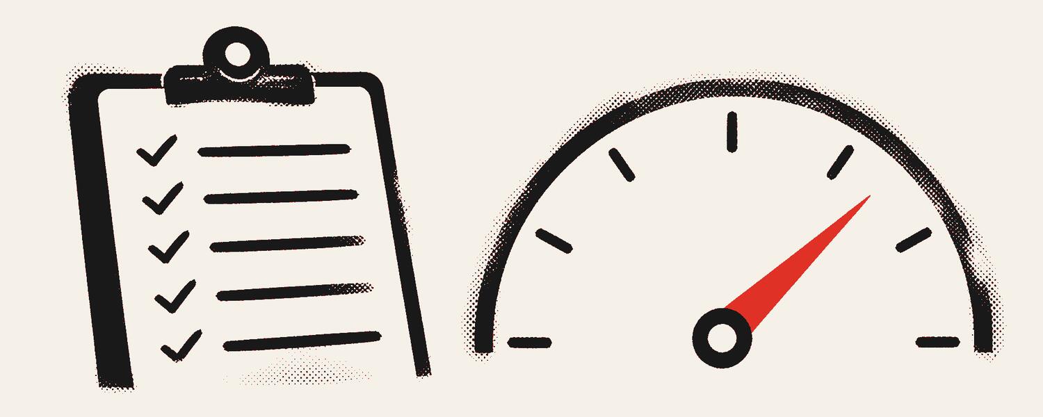 A clipboard of ticked lines beside a score dial with a red needle